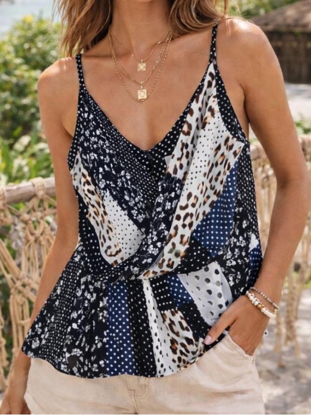 Patchwork Print Sleeveless Blouse